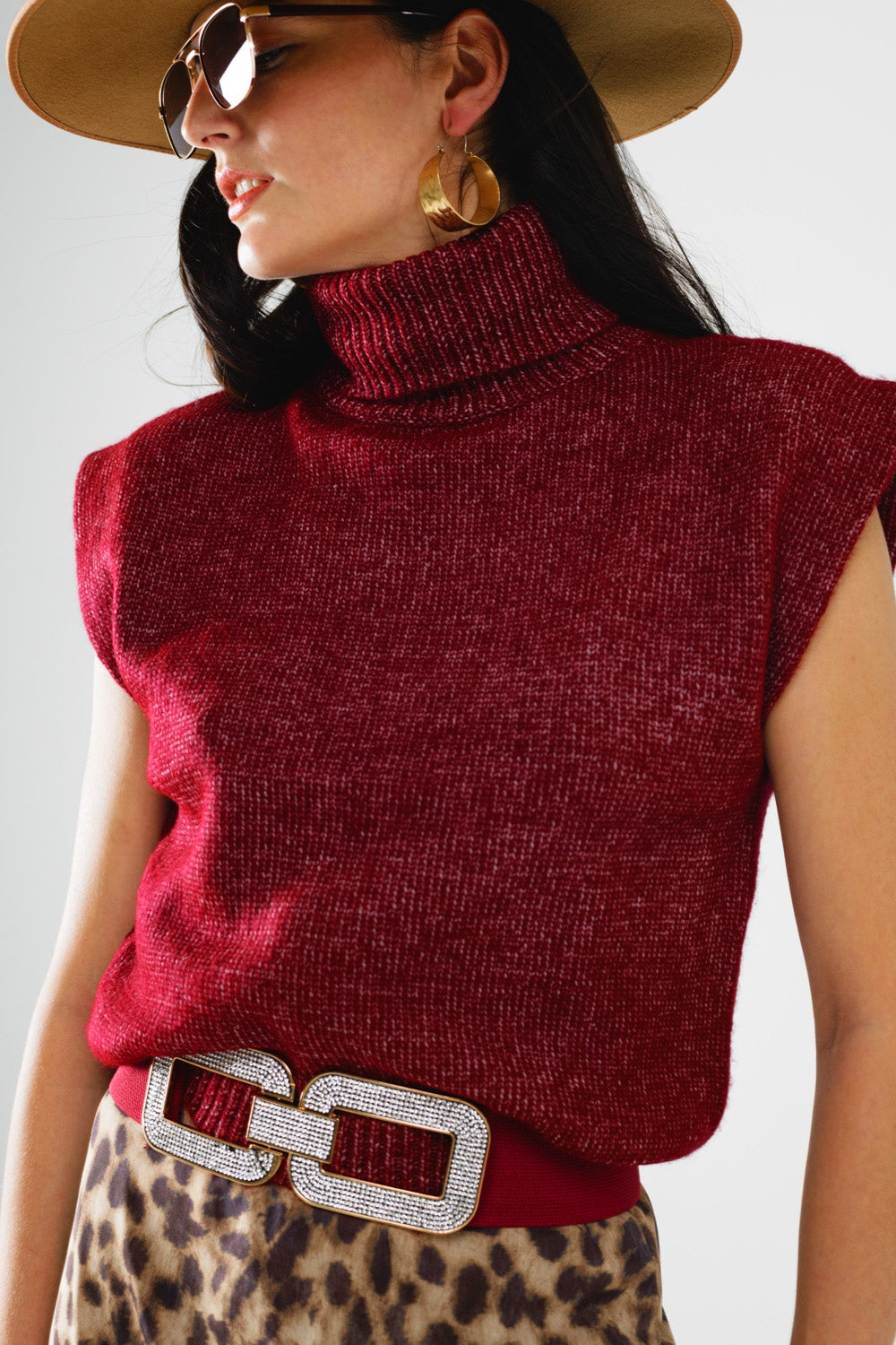 Burgundy Sleeveless Turtleneck Knit Top