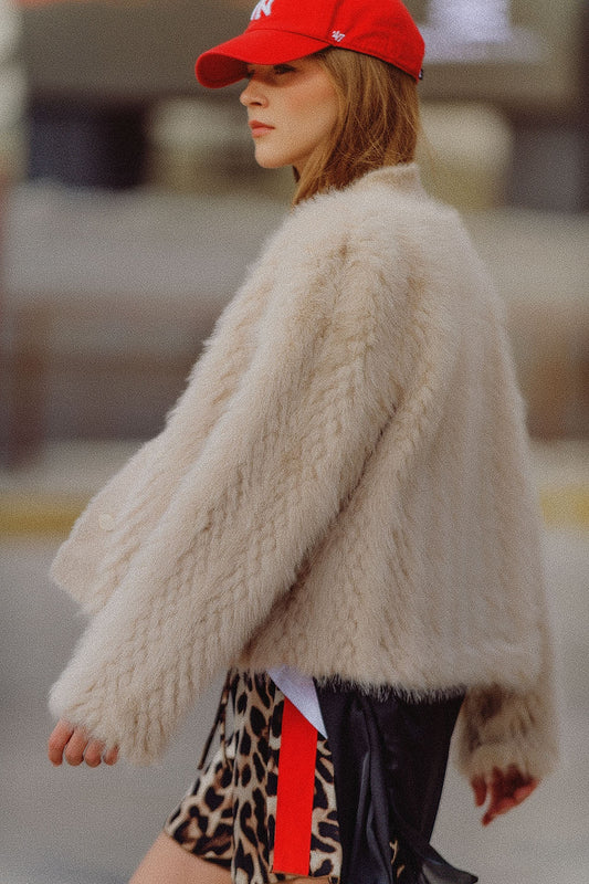Beige Cropped Faux Fur Jacket