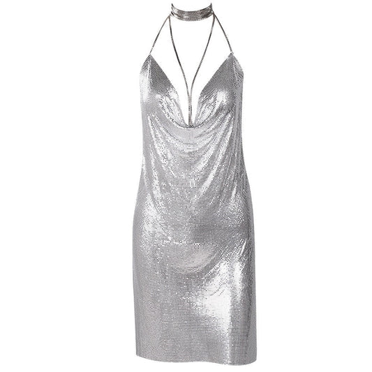 Chainmail Party Dress with Deep V Neck