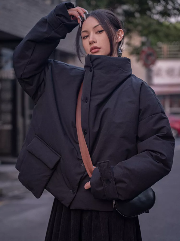 Black Oversized Puffer Jacket with Pockets