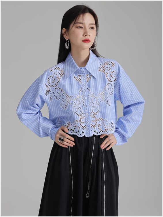 Blue Cropped Shirt with Embroidered Openwork Detail
