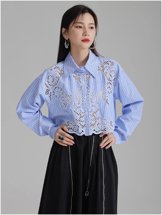 Blue Cropped Shirt with Embroidered Openwork Detail