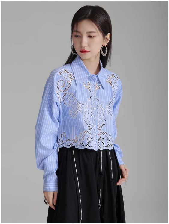 Blue Cropped Shirt with Embroidered Openwork Detail