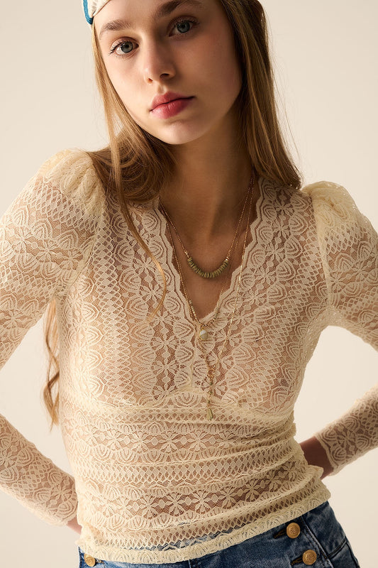Romantic Lace V-Neck Top – Beige