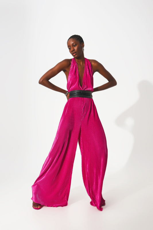 Pleated Maxi Halter Jumpsuit in Fuchsia