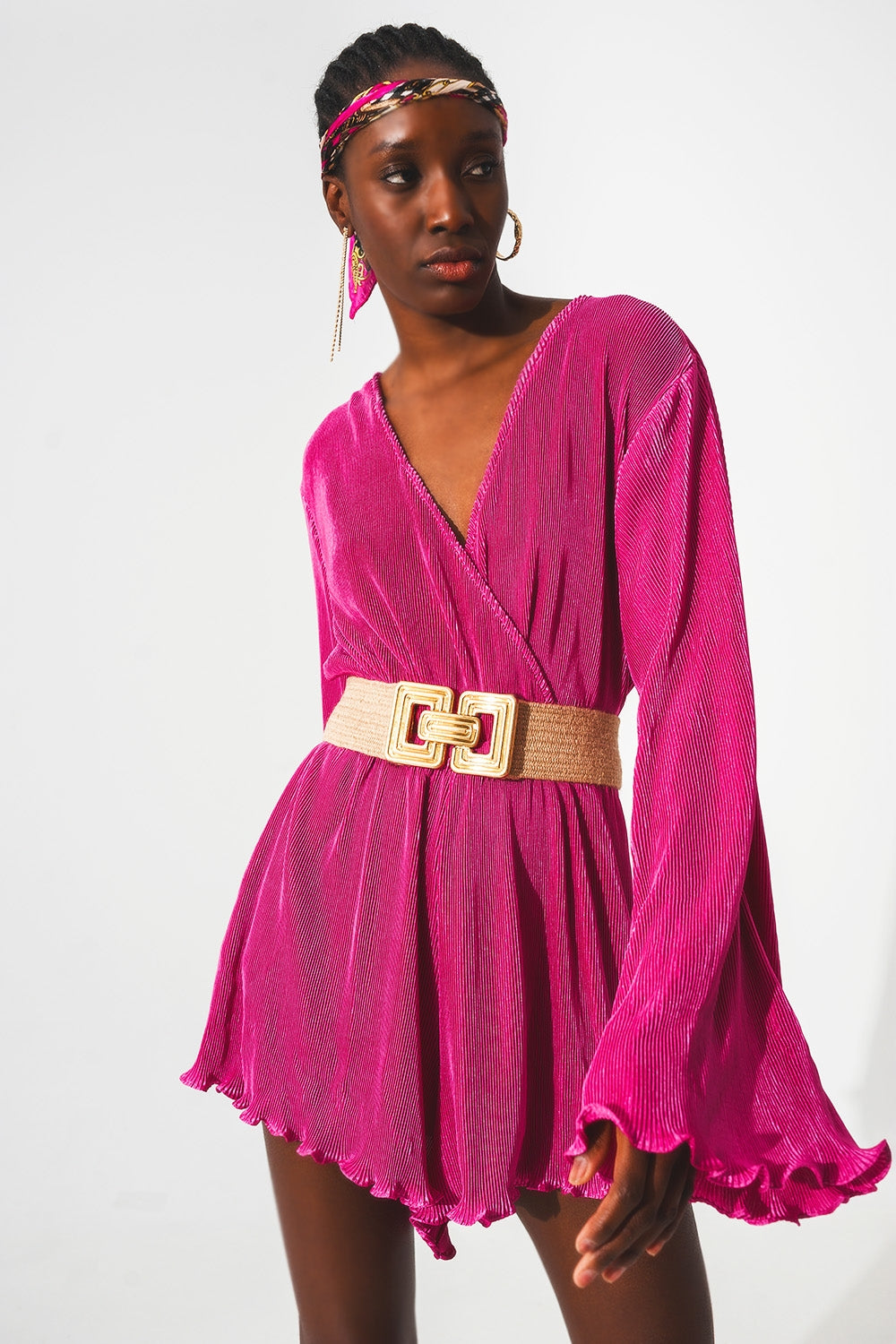 Fuchsia Satin Wrap Pleated Mini Jumpsuit