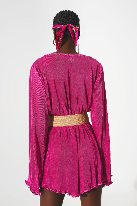 Fuchsia Satin Wrap Pleated Mini Jumpsuit