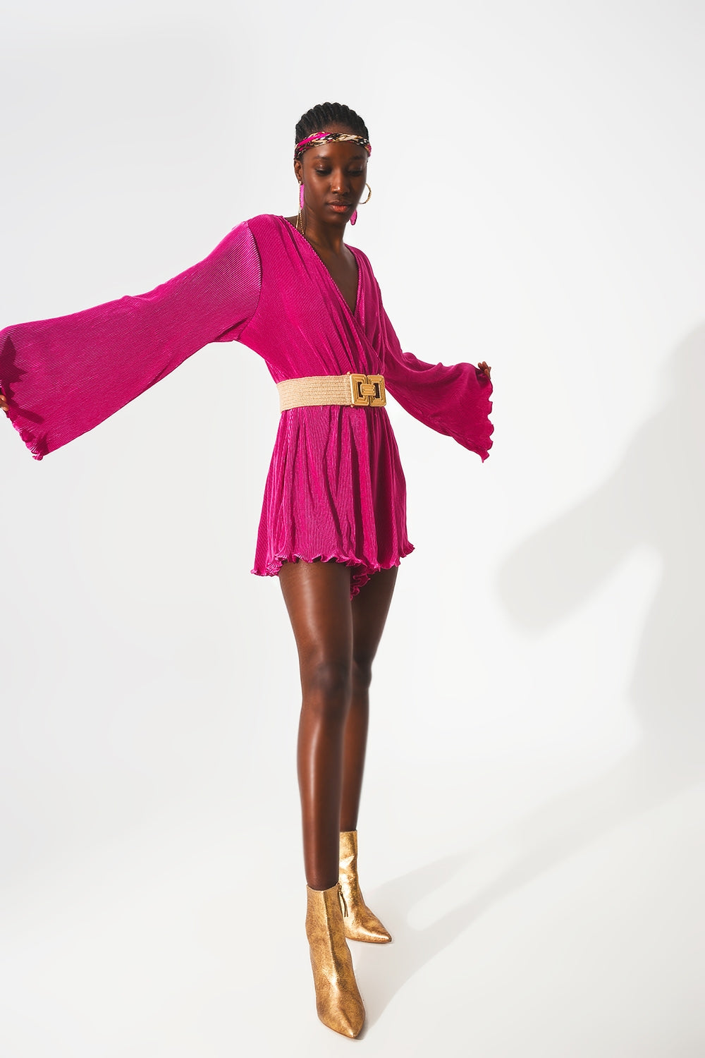 Fuchsia Satin Wrap Pleated Mini Jumpsuit