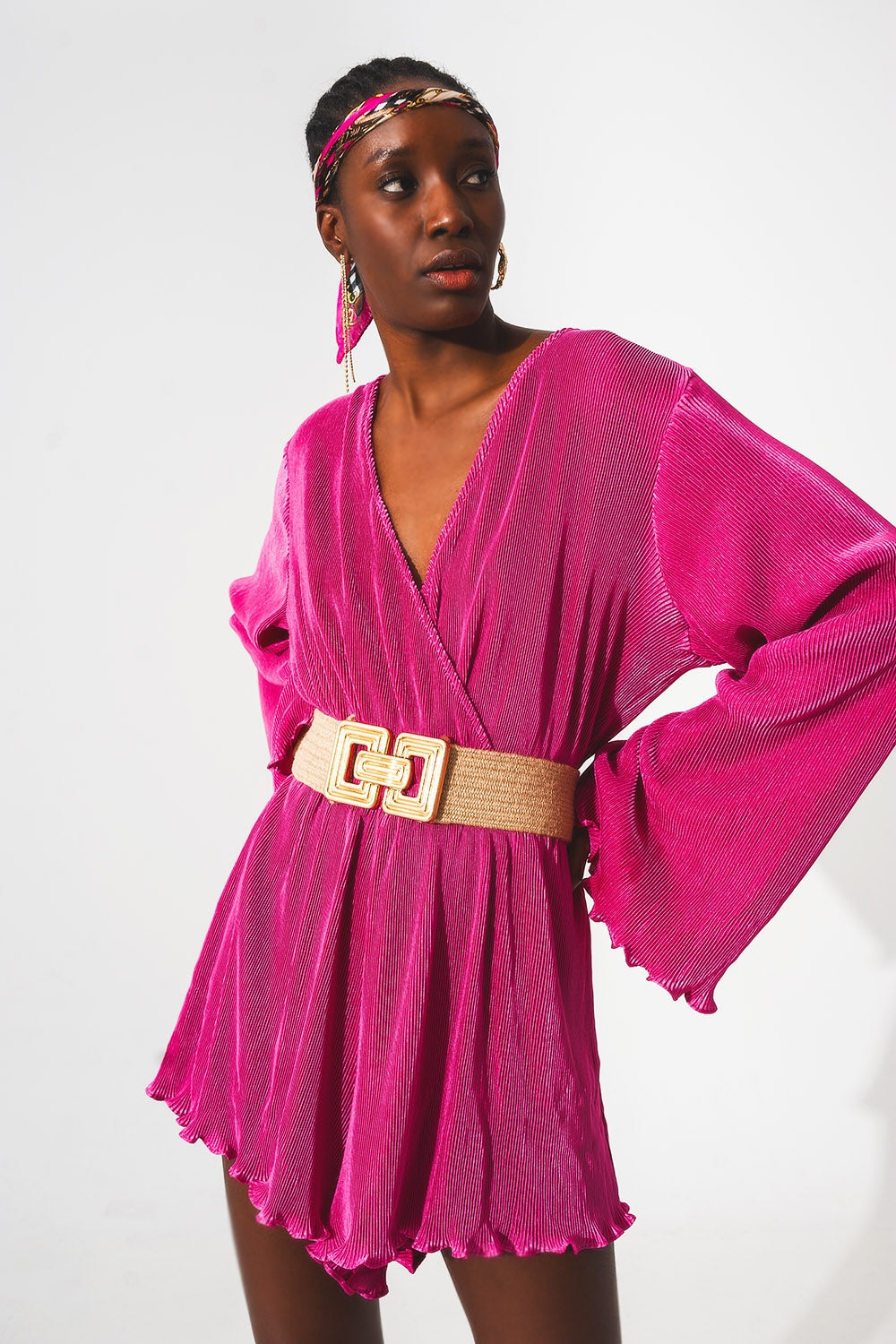 Fuchsia Satin Wrap Pleated Mini Jumpsuit