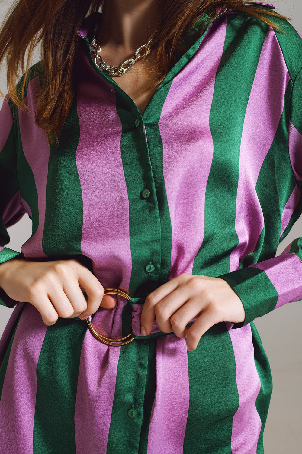 Green & Pink Striped Shirt Dress