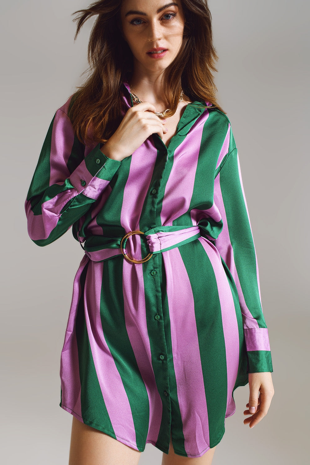 Green & Pink Striped Shirt Dress