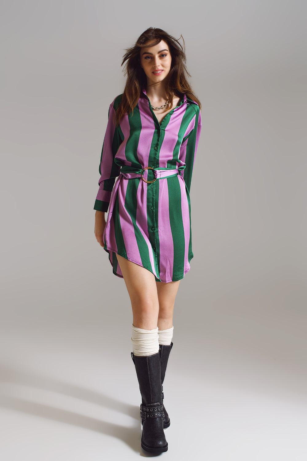 Green & Pink Striped Shirt Dress