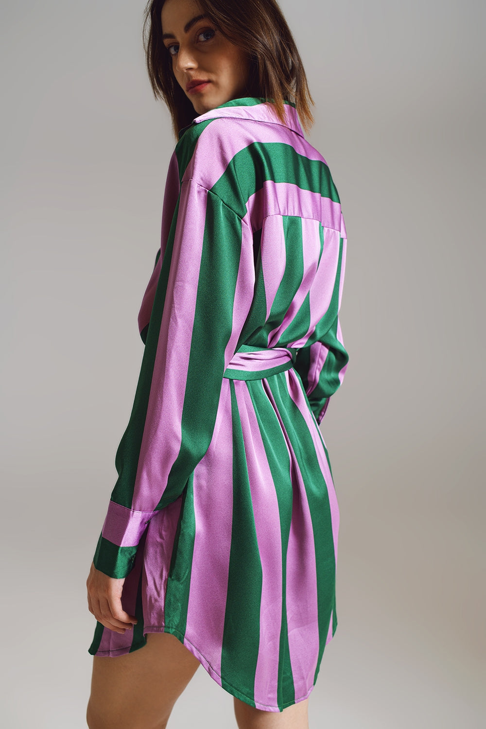 Green & Pink Striped Shirt Dress