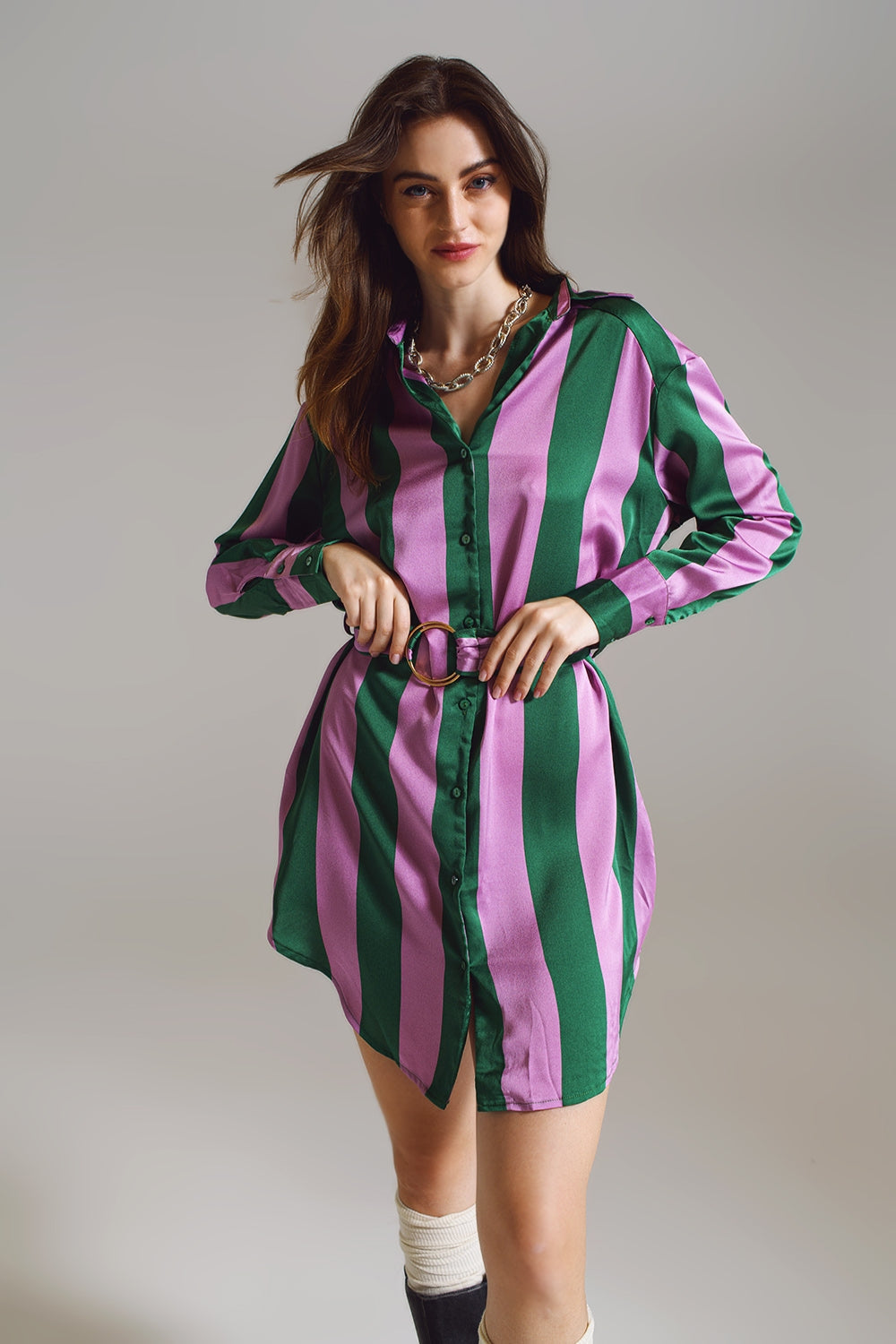 Green & Pink Striped Shirt Dress