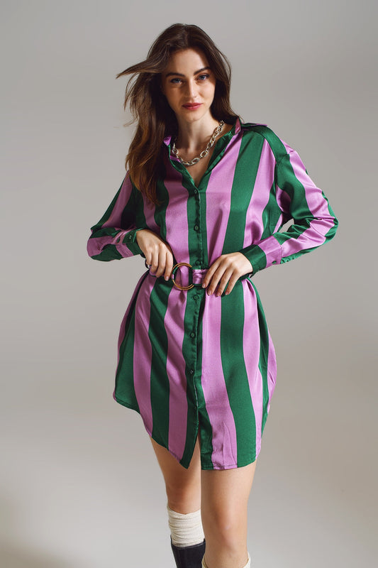 Green & Pink Striped Shirt Dress