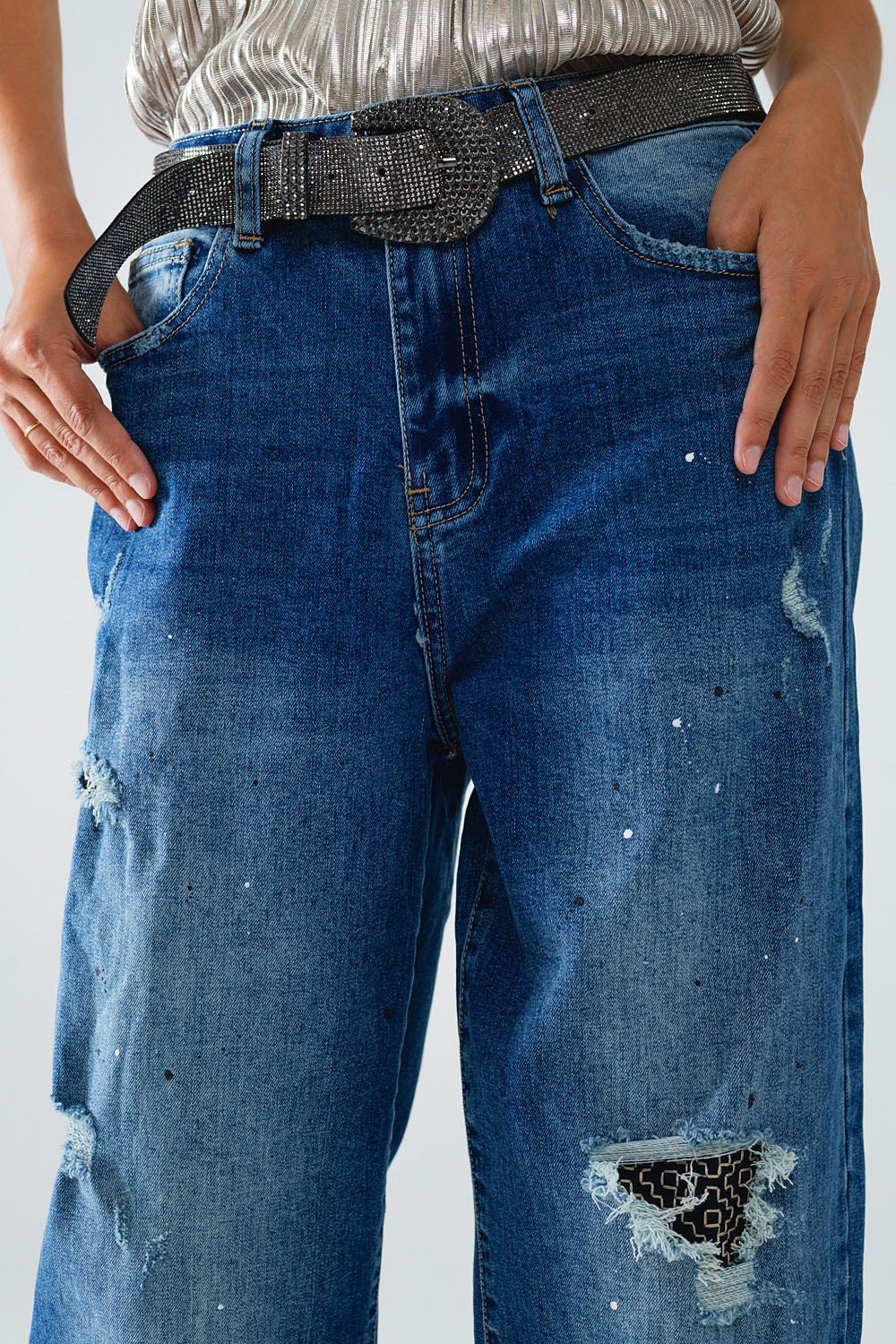 Straight Distressed Jeans with Paint Stain Details