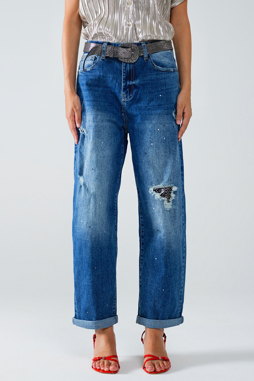 Straight Distressed Jeans with Paint Stain Details