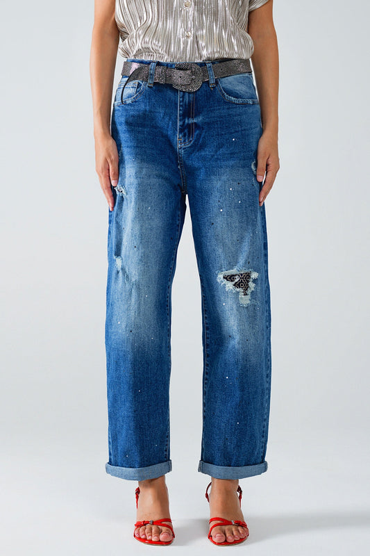 Straight Distressed Jeans with Paint Stain Details