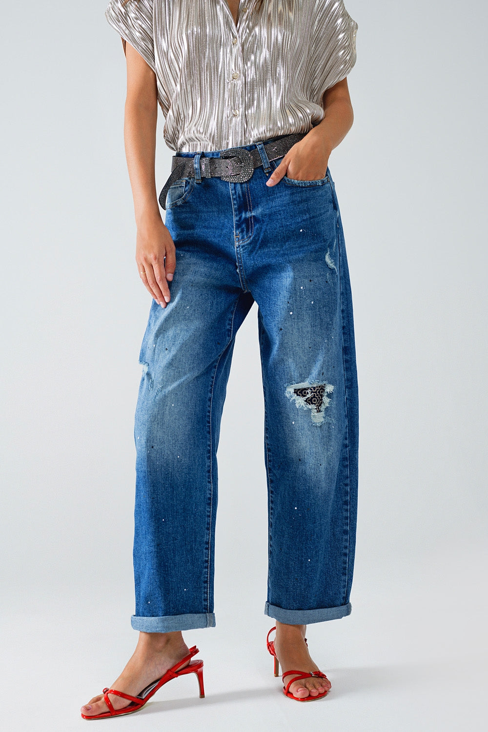 Straight Distressed Jeans with Paint Stain Details