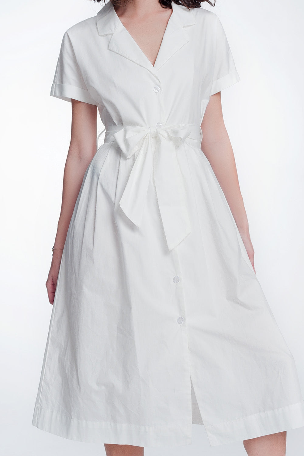 White Midi Wrap Dress with Waist Tie