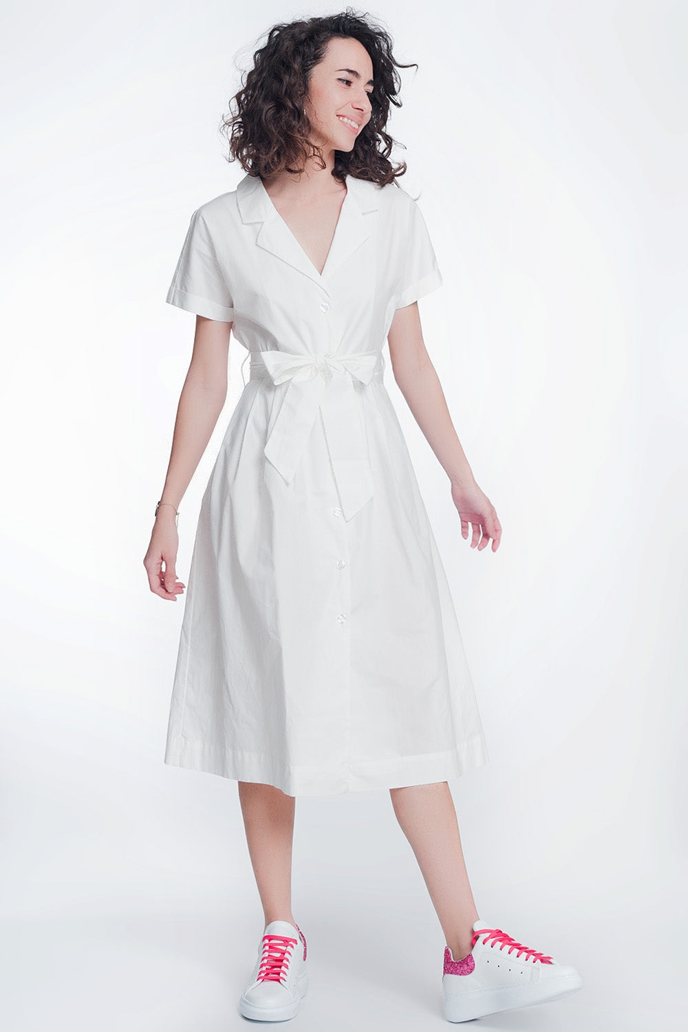 White Midi Wrap Dress with Waist Tie