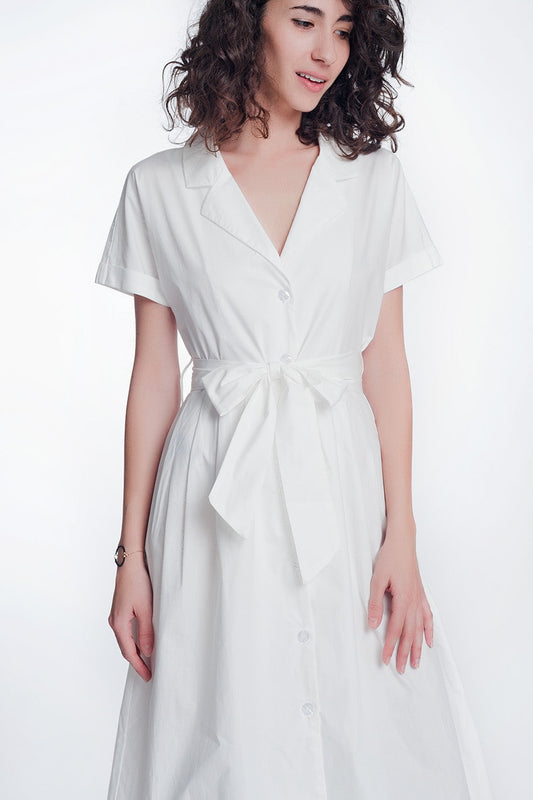 White Midi Wrap Dress with Waist Tie