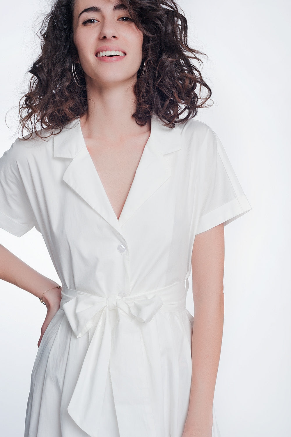 White Midi Wrap Dress with Waist Tie