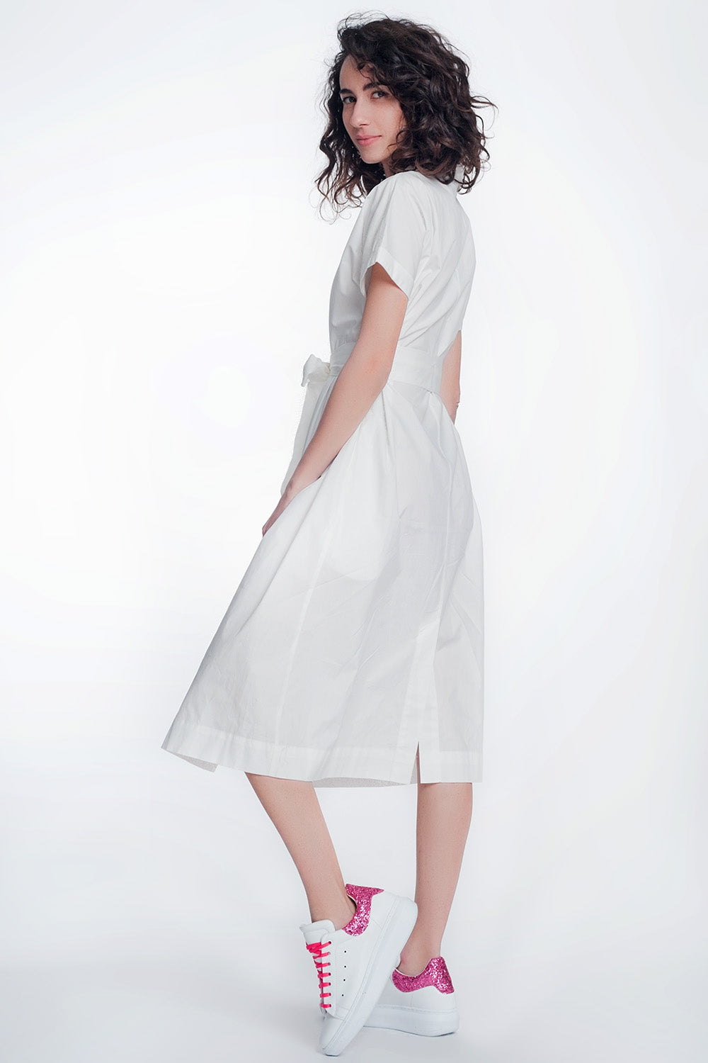White Midi Wrap Dress with Waist Tie