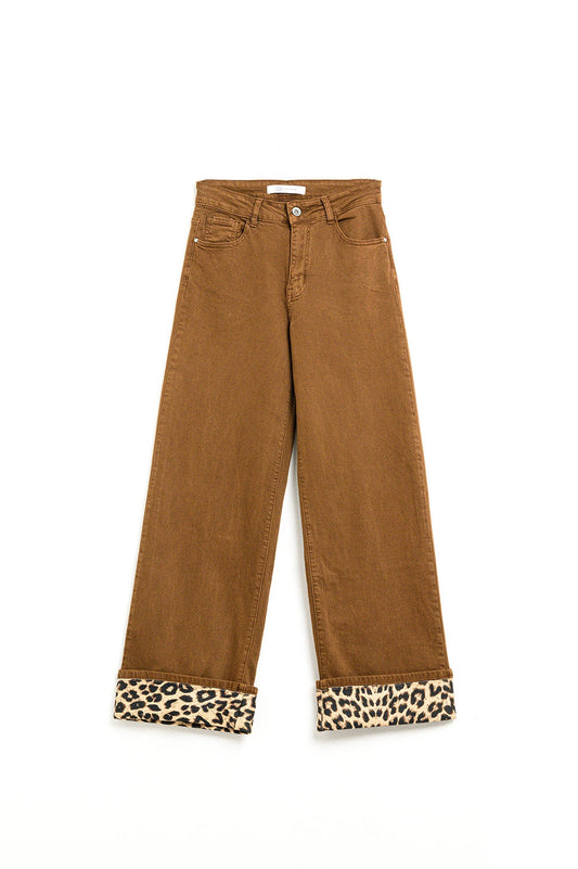 Brown Wide-Leg Jeans with Leopard Cuffs
